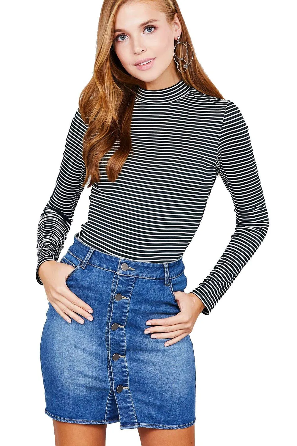 Khanomak Women's Super Soft Long Sleeve Striped Mock Neck Crop Top Shirt