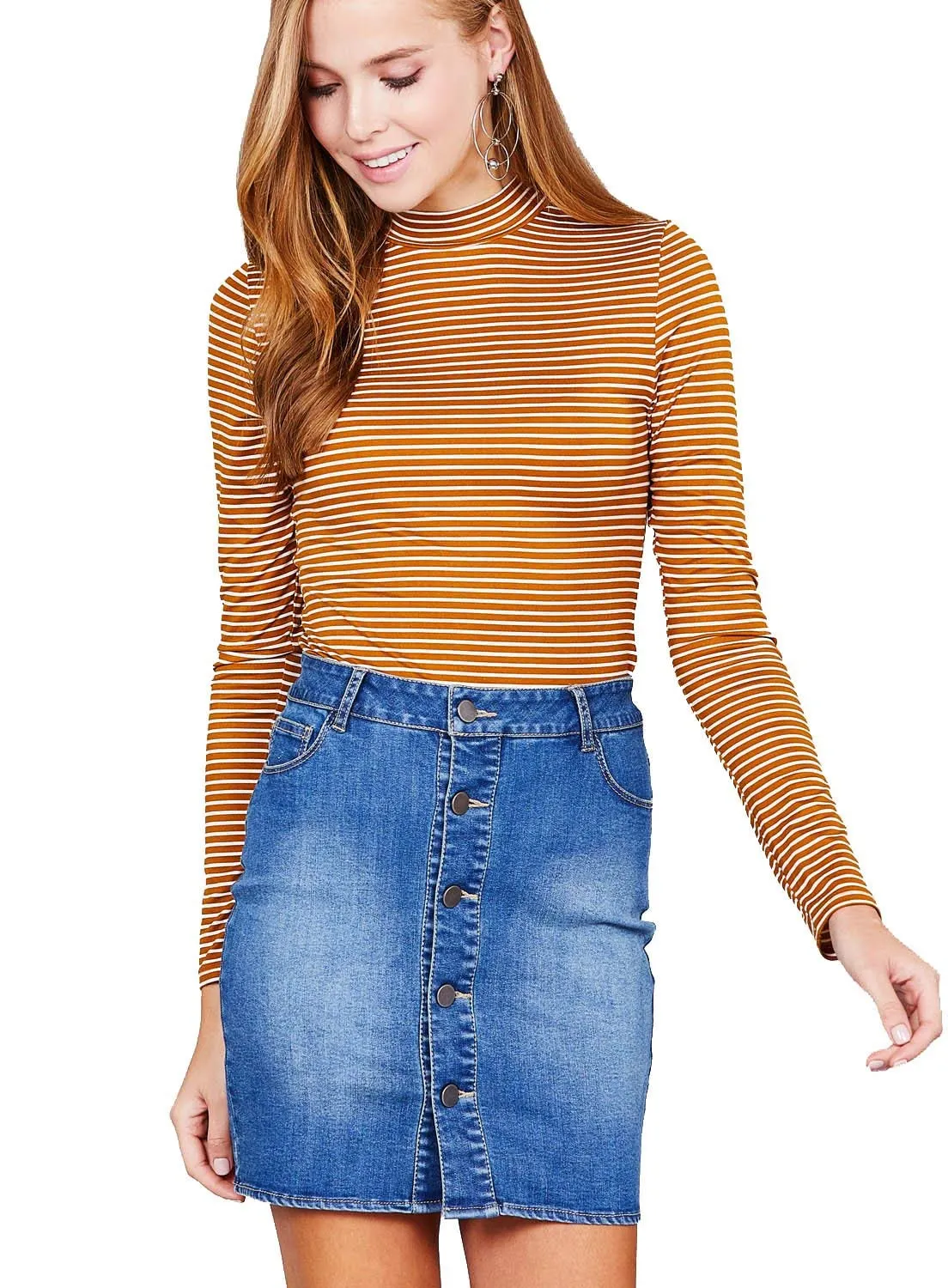 Khanomak Women's Super Soft Long Sleeve Striped Mock Neck Crop Top Shirt