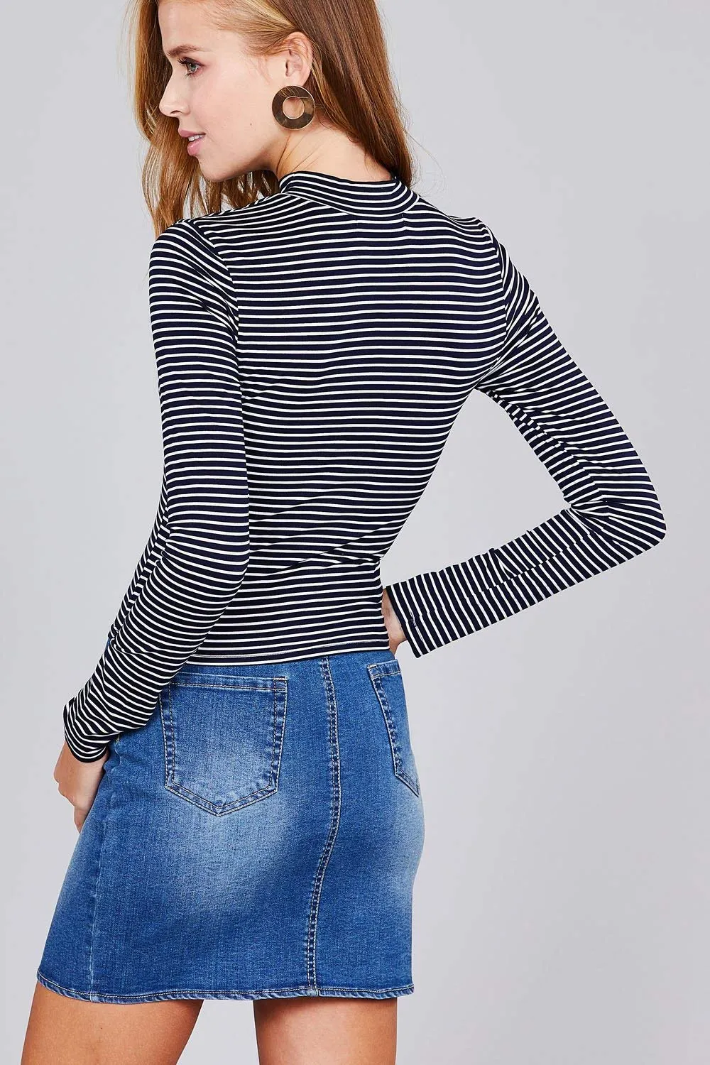 Khanomak Women's Super Soft Long Sleeve Striped Mock Neck Crop Top Shirt