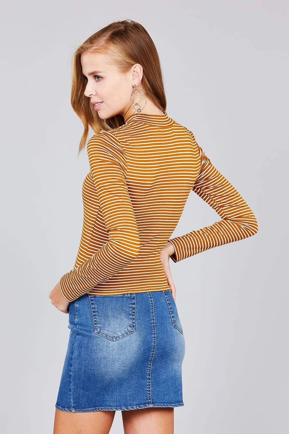 Khanomak Women's Super Soft Long Sleeve Striped Mock Neck Crop Top Shirt