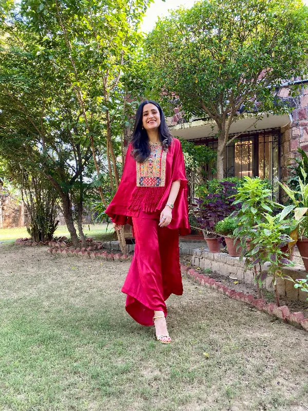 Kiri patch work kaftan top with flared pant (RED)