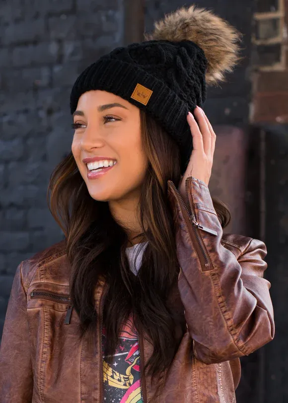 Knit Pom-Pom Beanie Hat-Black
