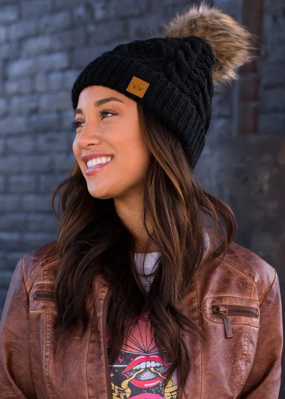Knit Pom-Pom Beanie Hat-Black