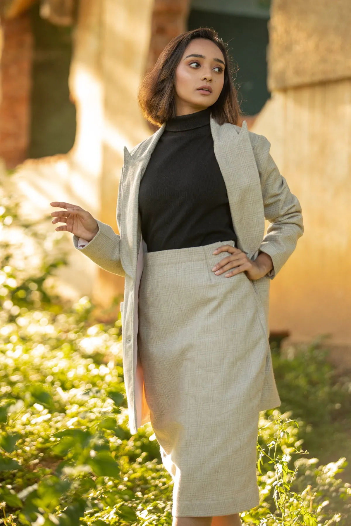 Marina Beige Wool Skirt and Peak Lapel Overcoat