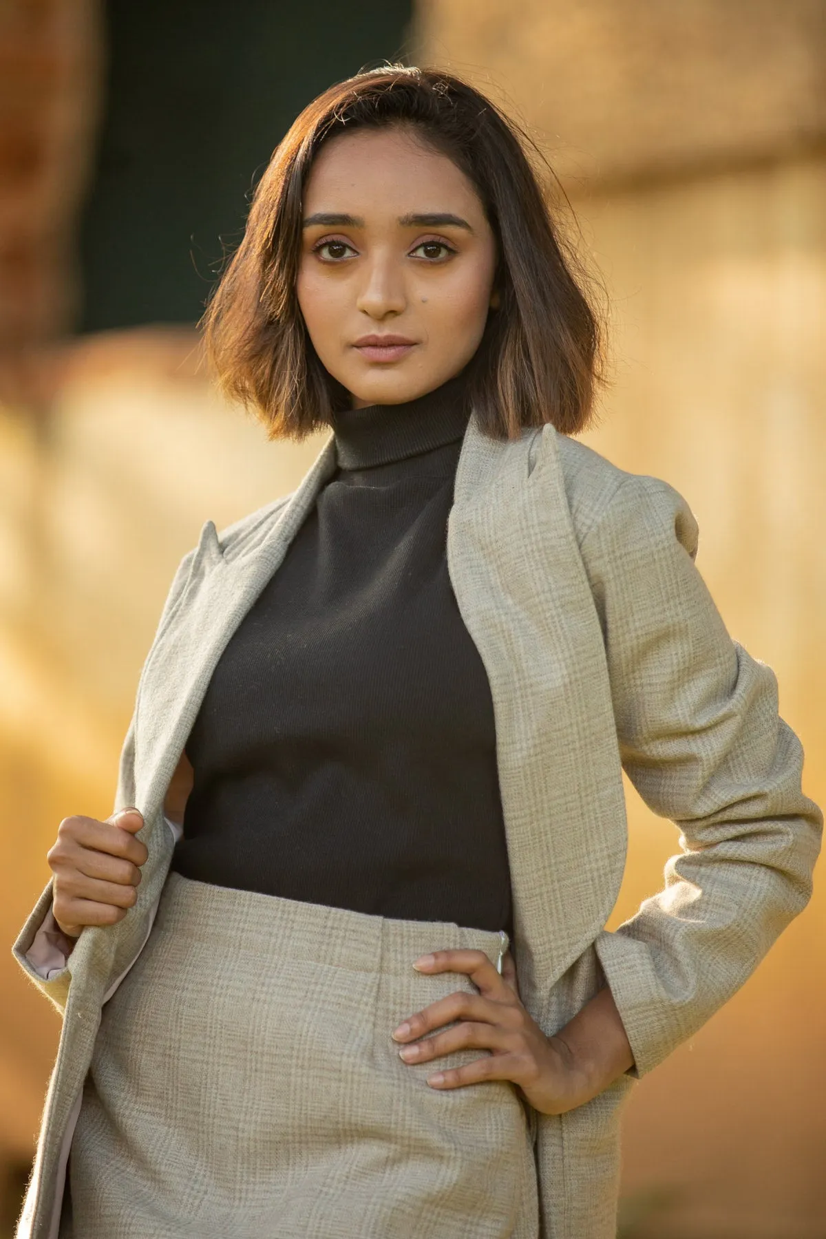 Marina Beige Wool Skirt and Peak Lapel Overcoat