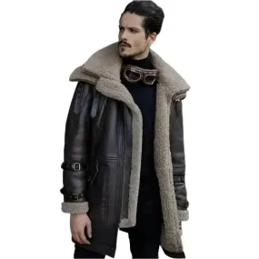 Men's B3 Aviator Flight Jacket Shearling Fur Long Coat