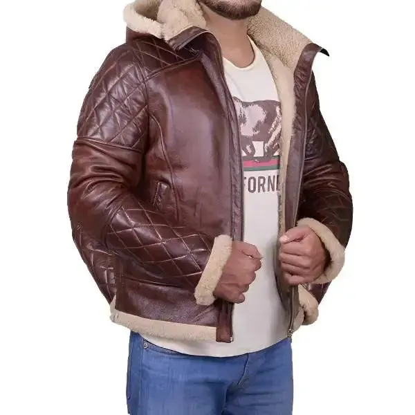 Men's Brown Shearling Jacket with Hoodie Warm & Stylish