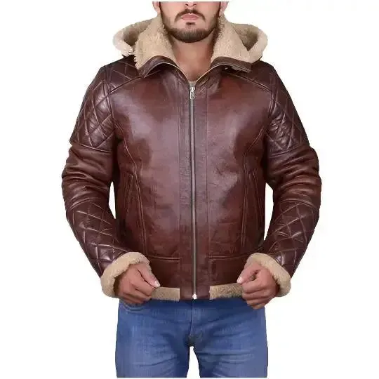 Men's Brown Shearling Jacket with Hoodie Warm & Stylish