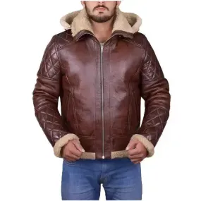 Men's Brown Shearling Jacket with Hoodie Warm & Stylish