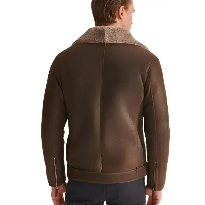 Men's Classic Brown Shearling Sheepskin Biker Aviator Jacket – Timeless & Warm