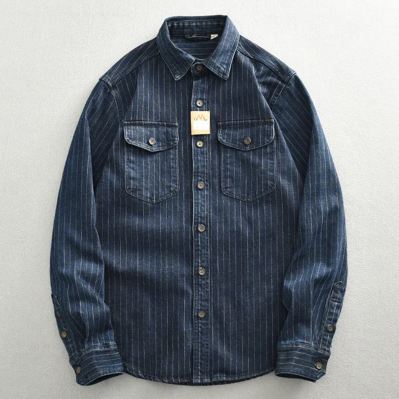 Men’s Denim Shirt - Striped Dark Blue Coat