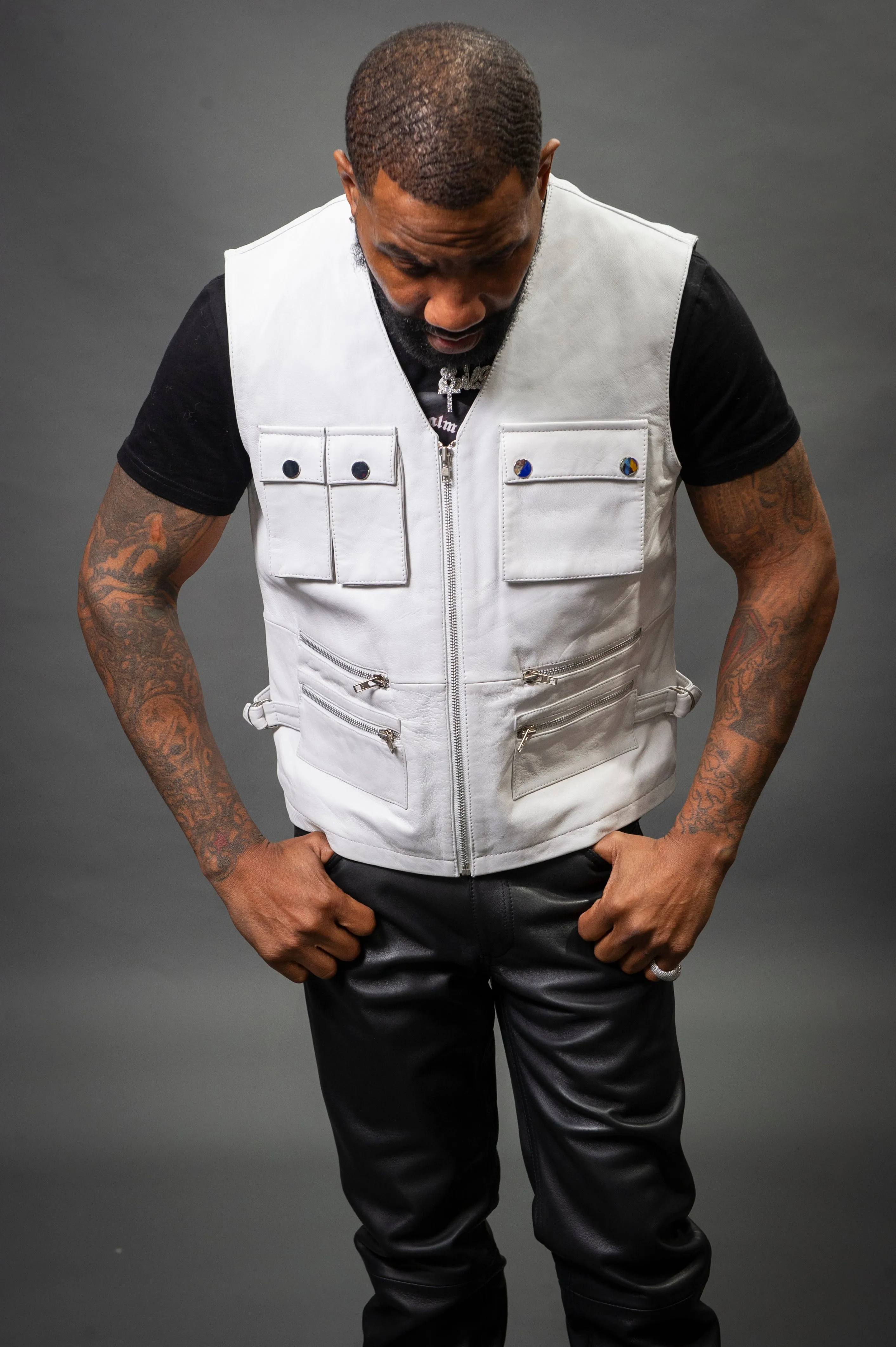 Men's Leather Tactical Vest White [Slim-Cut]