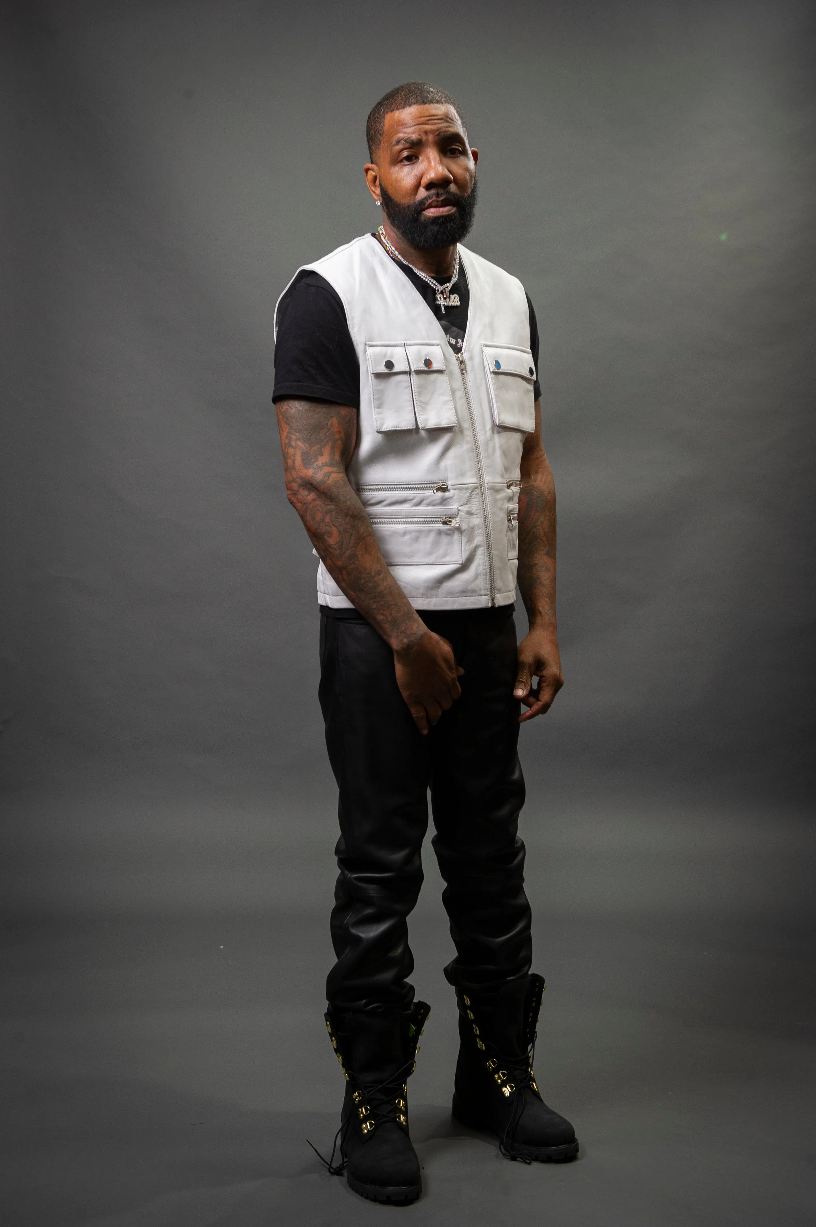 Men's Leather Tactical Vest White [Slim-Cut]
