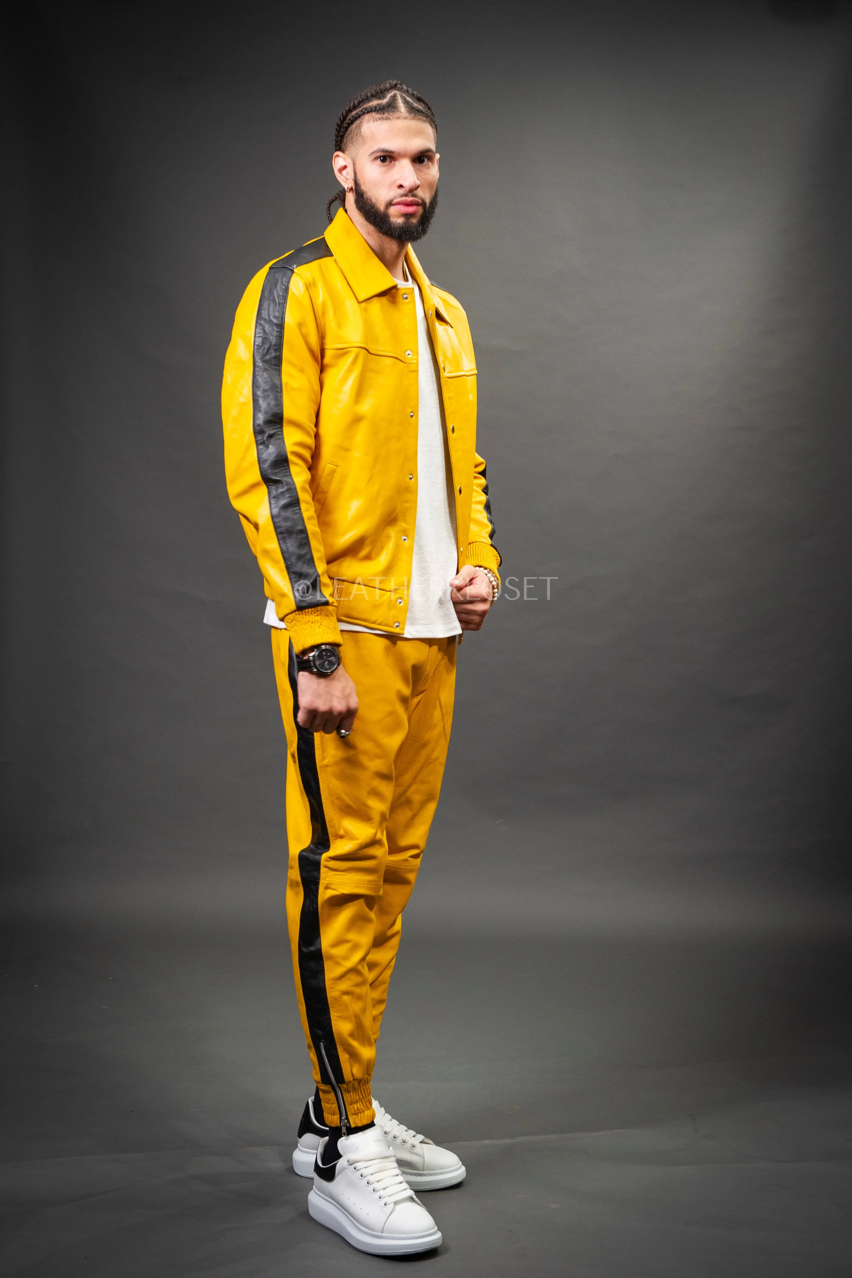 Men's Leather Track Suit Sweatsuit [Yellow/Black]