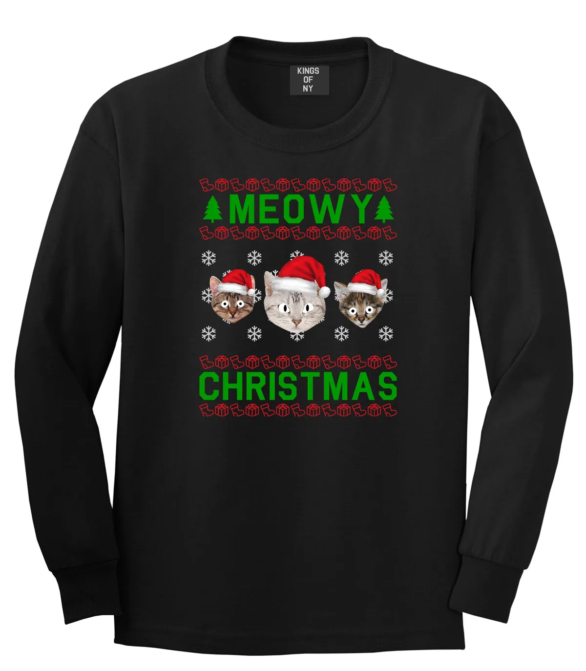 Meowy Christmas Cat Funny Ugly Mens Long Sleeve T-Shirt