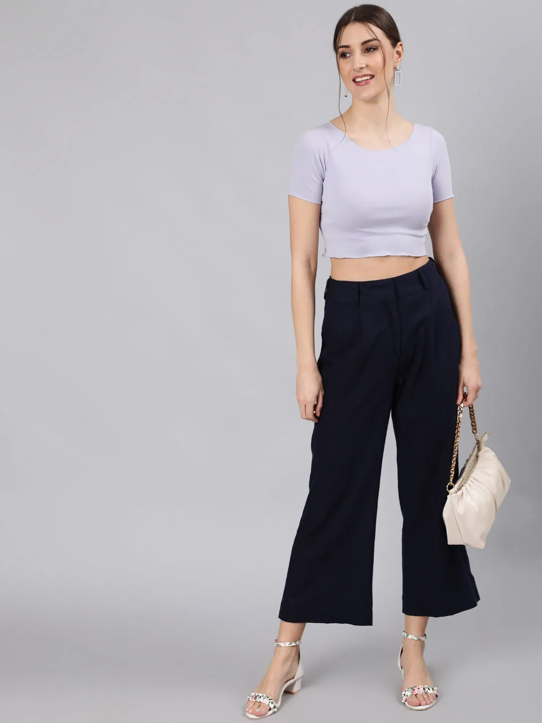 Navy Blue Cotton Slub Flared High Rise Parallel Pants