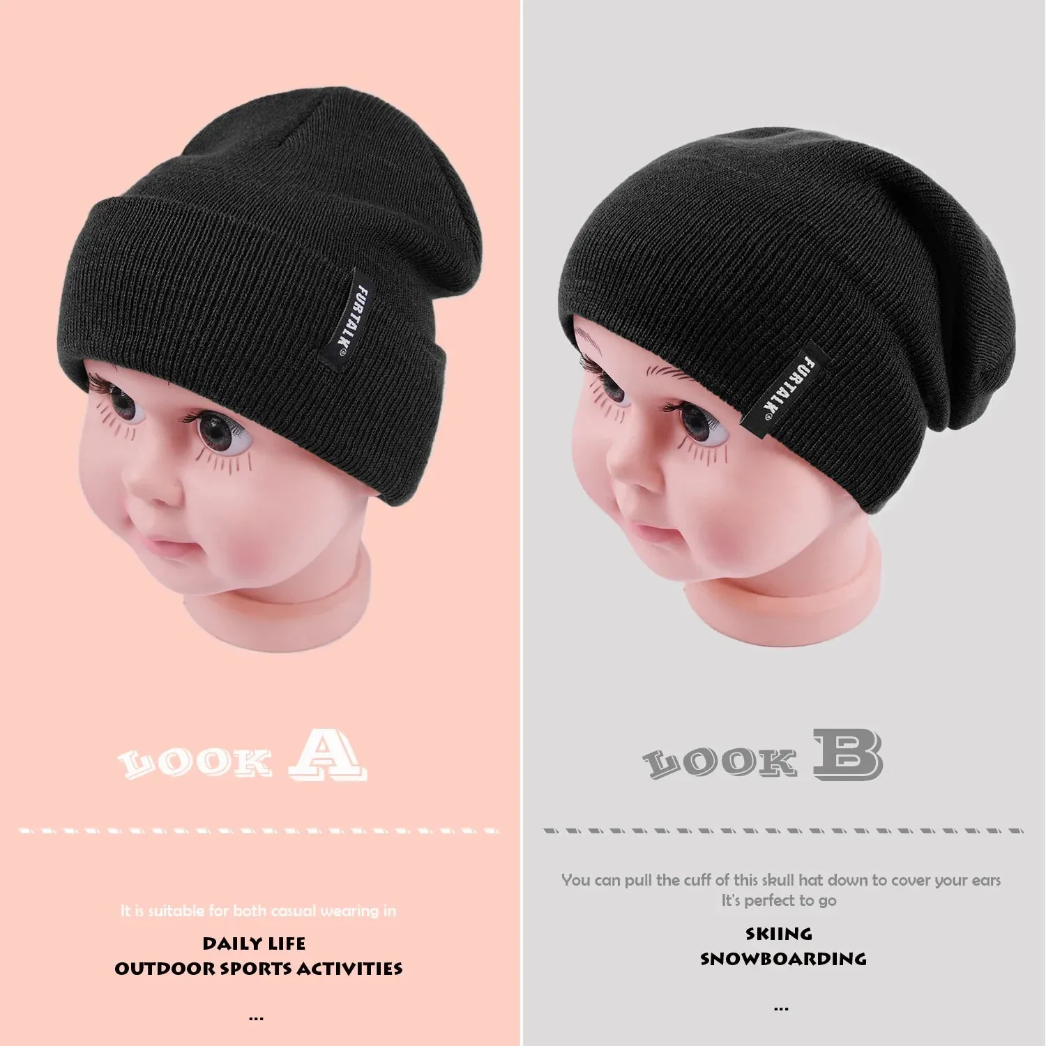 NEW FURTALK Toddler Beanie for Boys Girls Baby Kids Beanies Knit Winter Hat- Black! Fits 0-3 Years