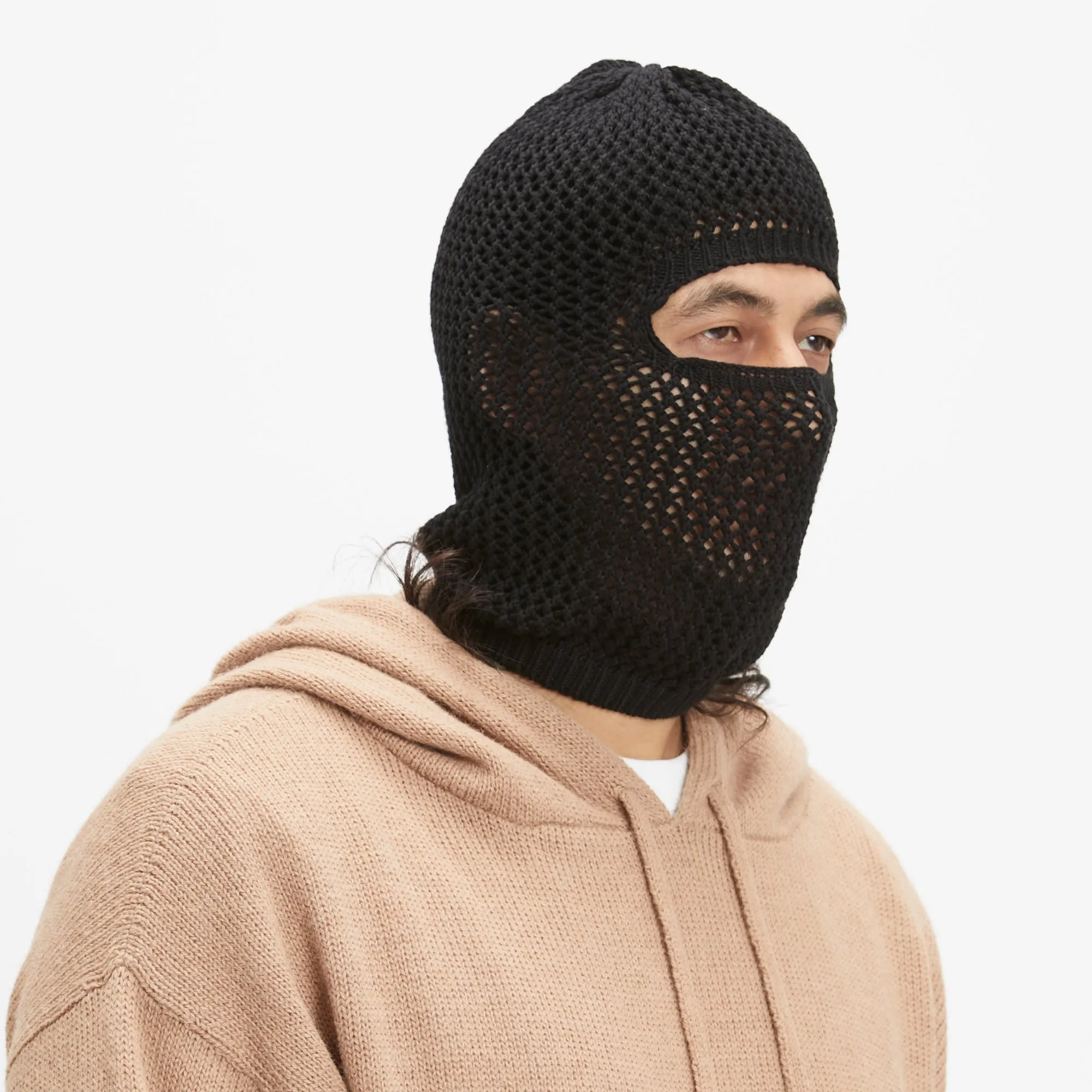 Open Knit Ski Mask - Black Cotton