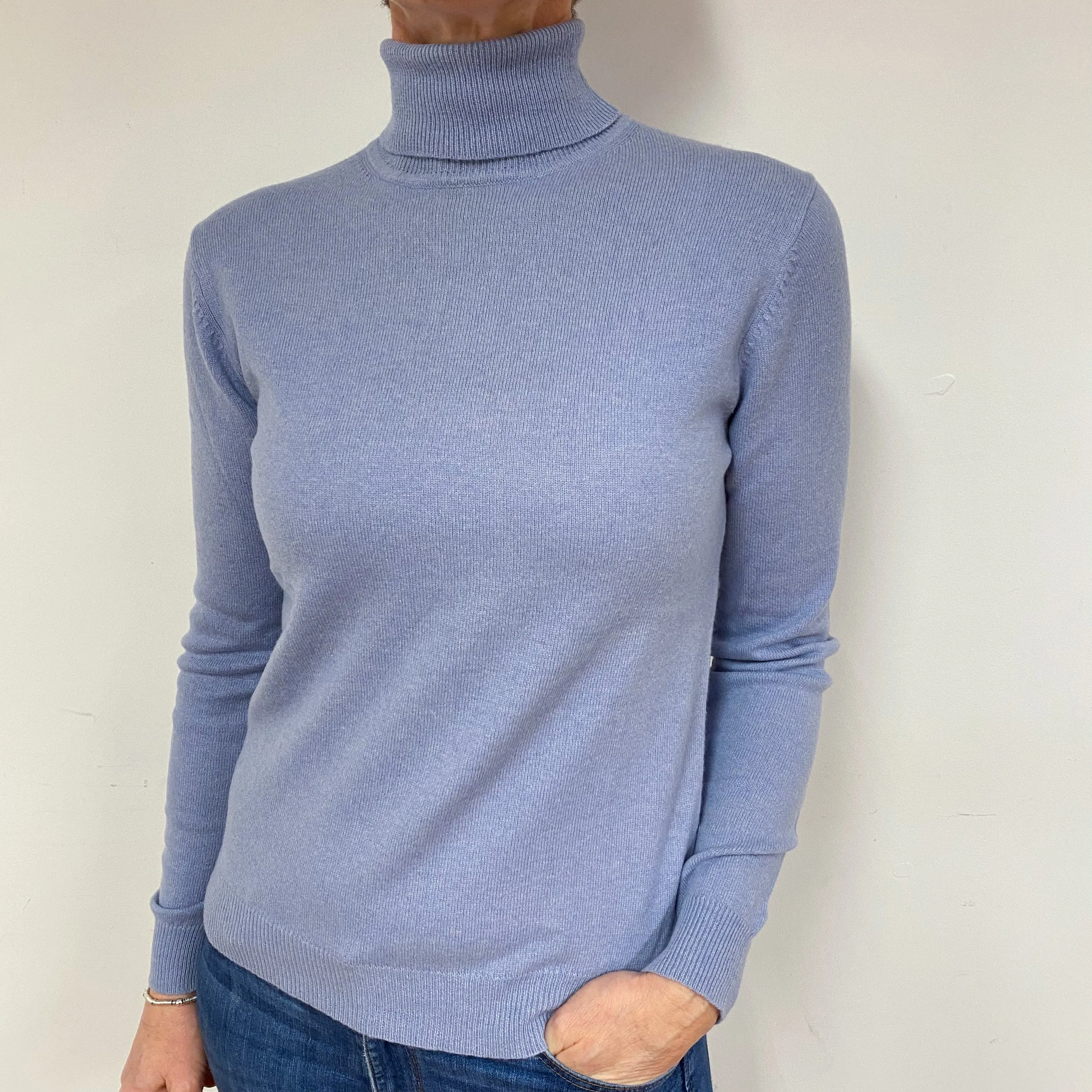 Pale Blue Purple Cashmere Polo Neck Jumper Medium