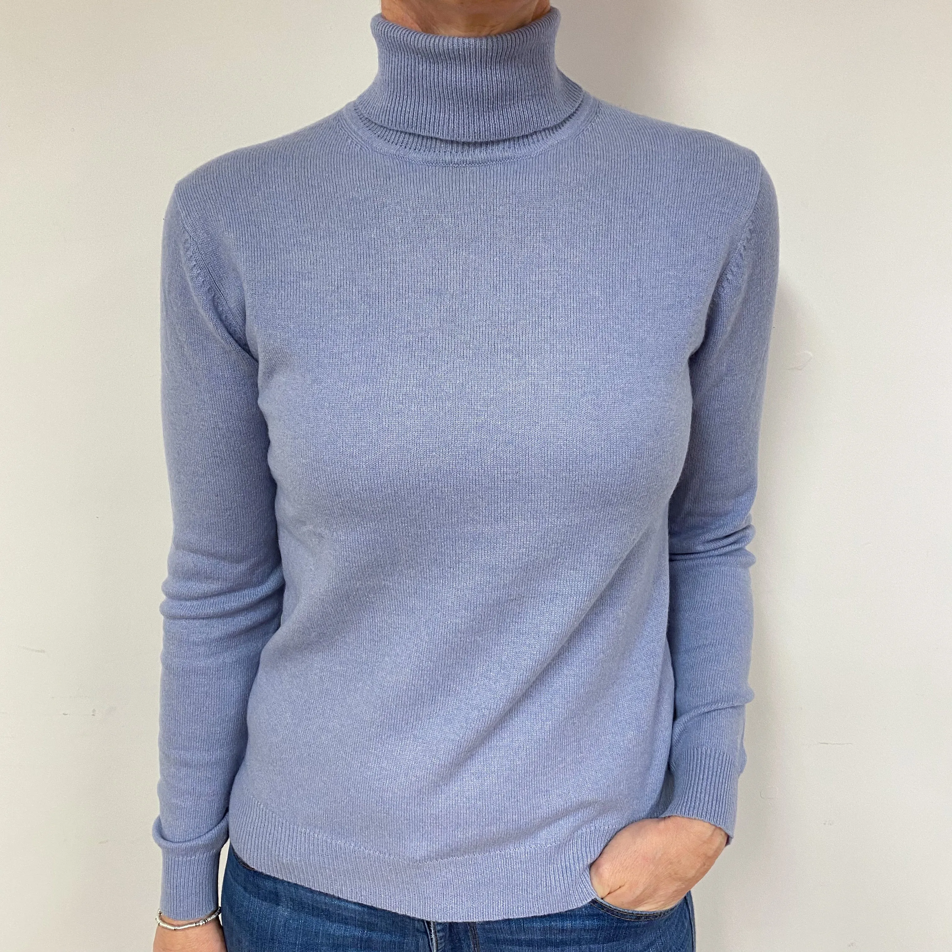 Pale Blue Purple Cashmere Polo Neck Jumper Medium