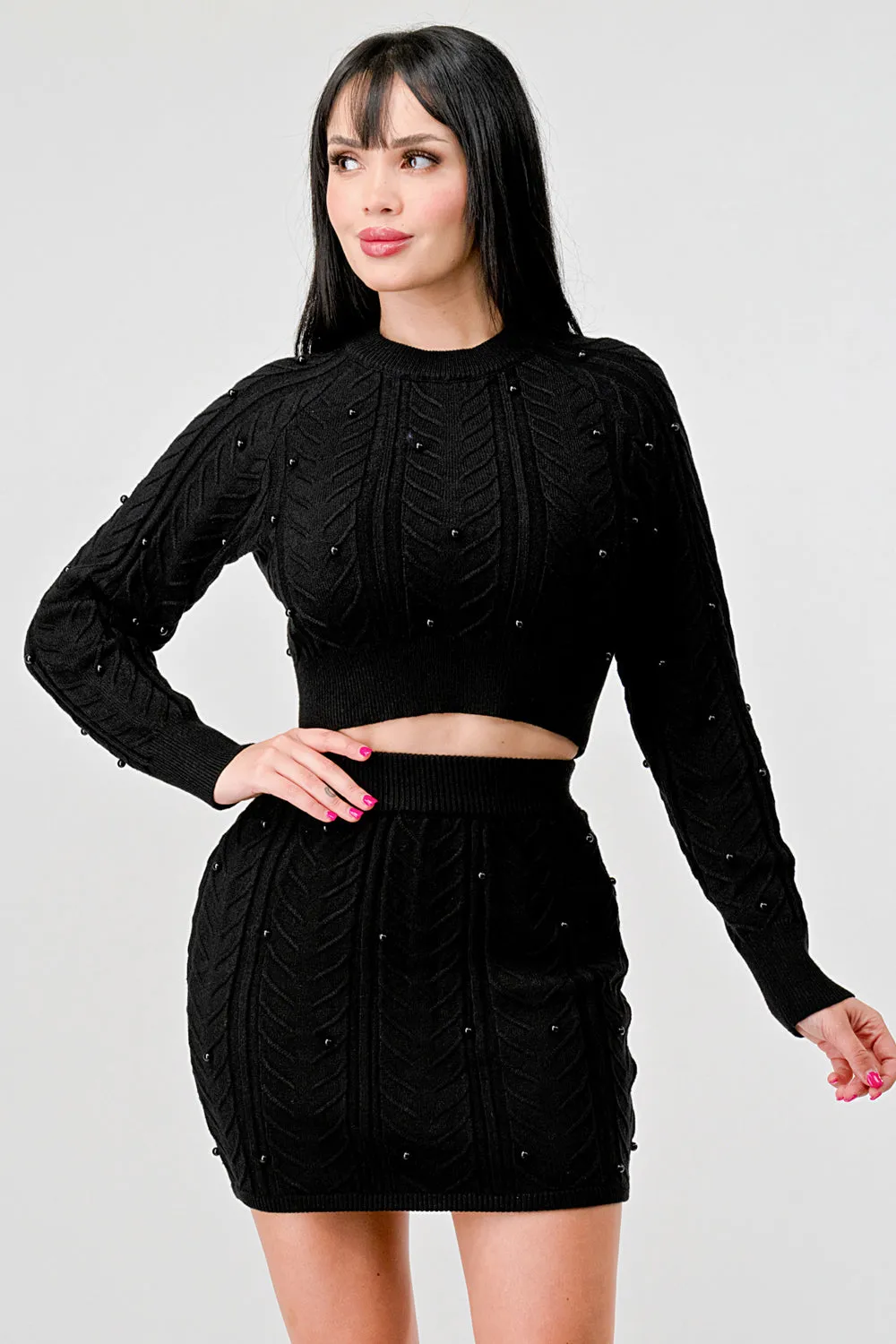 PEARL CABLE KNIT SWEATER CROP TOP & MINI SKIRT SET