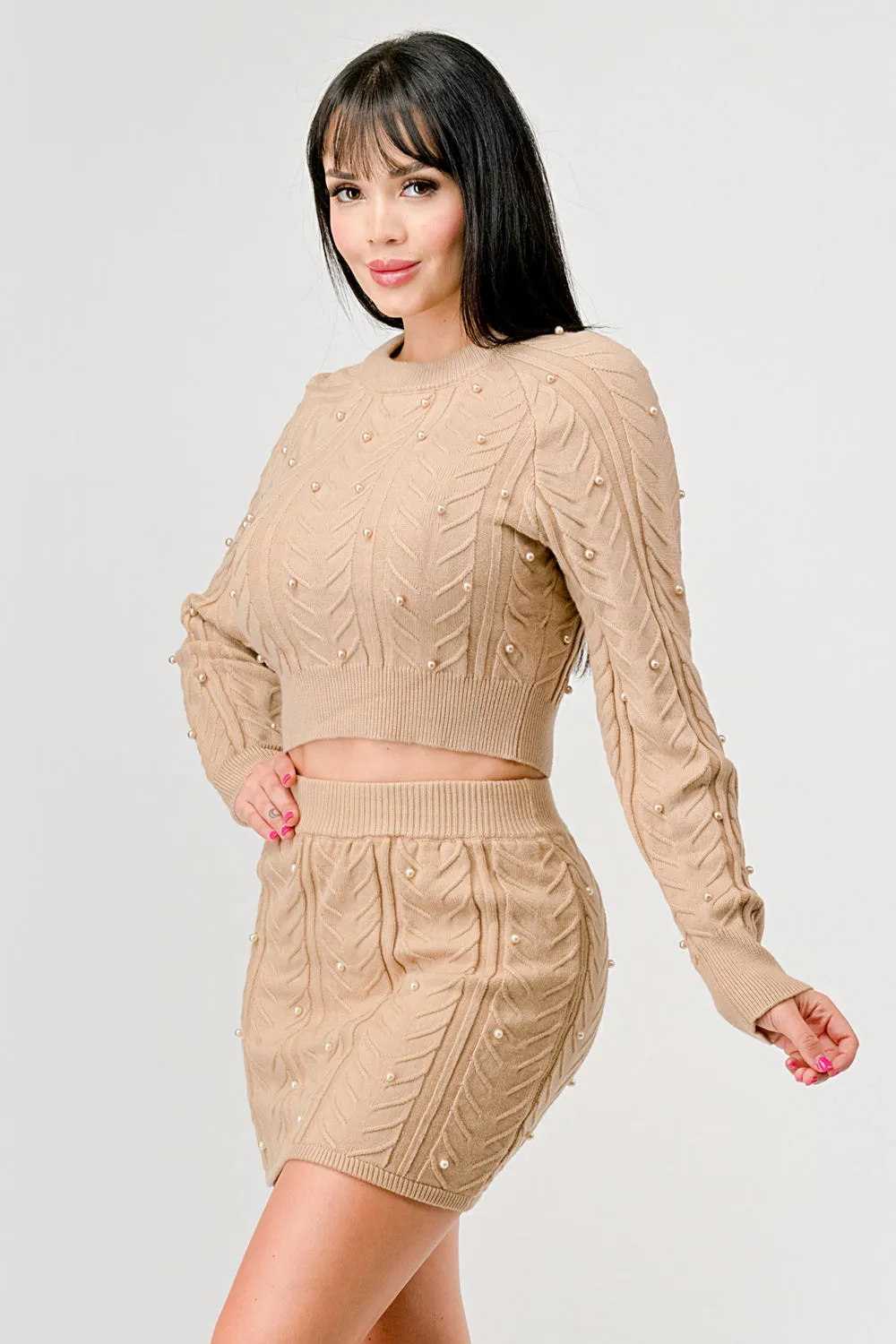 PEARL CABLE KNIT SWEATER CROP TOP & MINI SKIRT SET