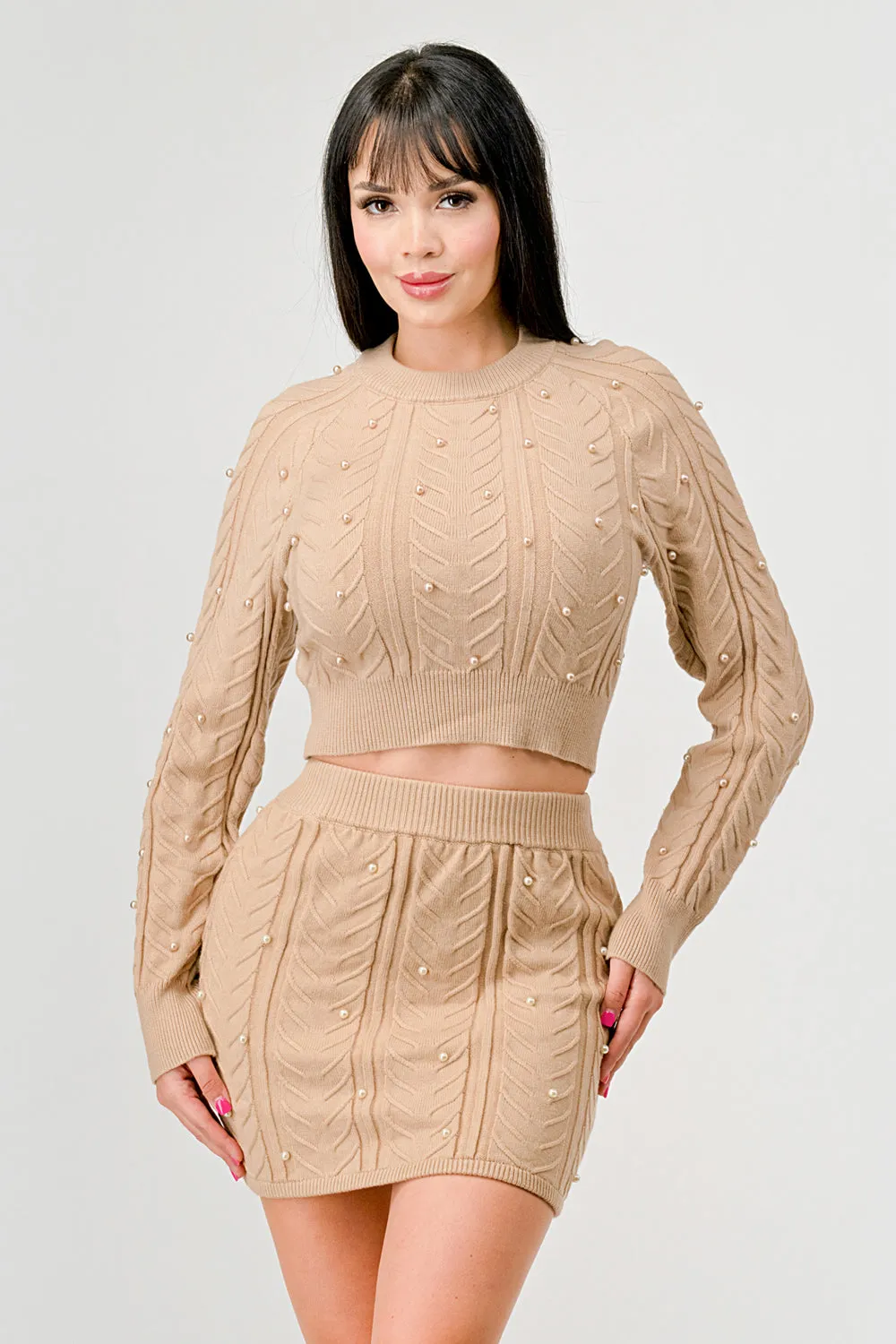 PEARL CABLE KNIT SWEATER CROP TOP & MINI SKIRT SET