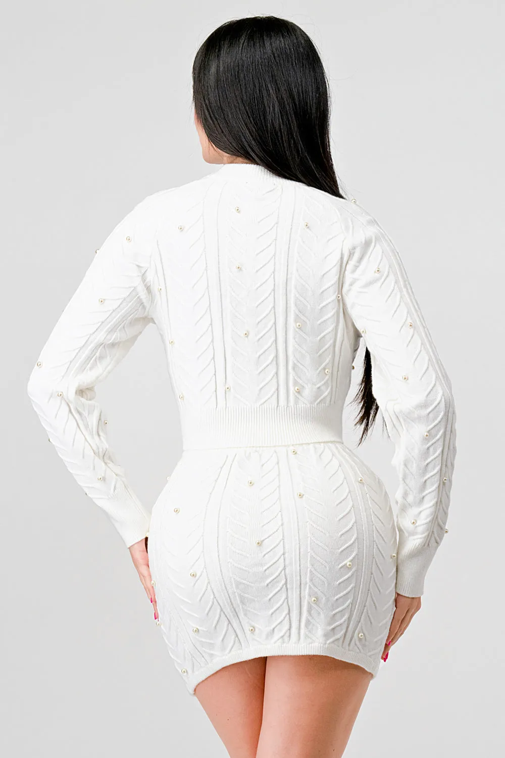 PEARL CABLE KNIT SWEATER CROP TOP & MINI SKIRT SET