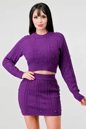 PEARL CABLE KNIT SWEATER CROP TOP & MINI SKIRT SET