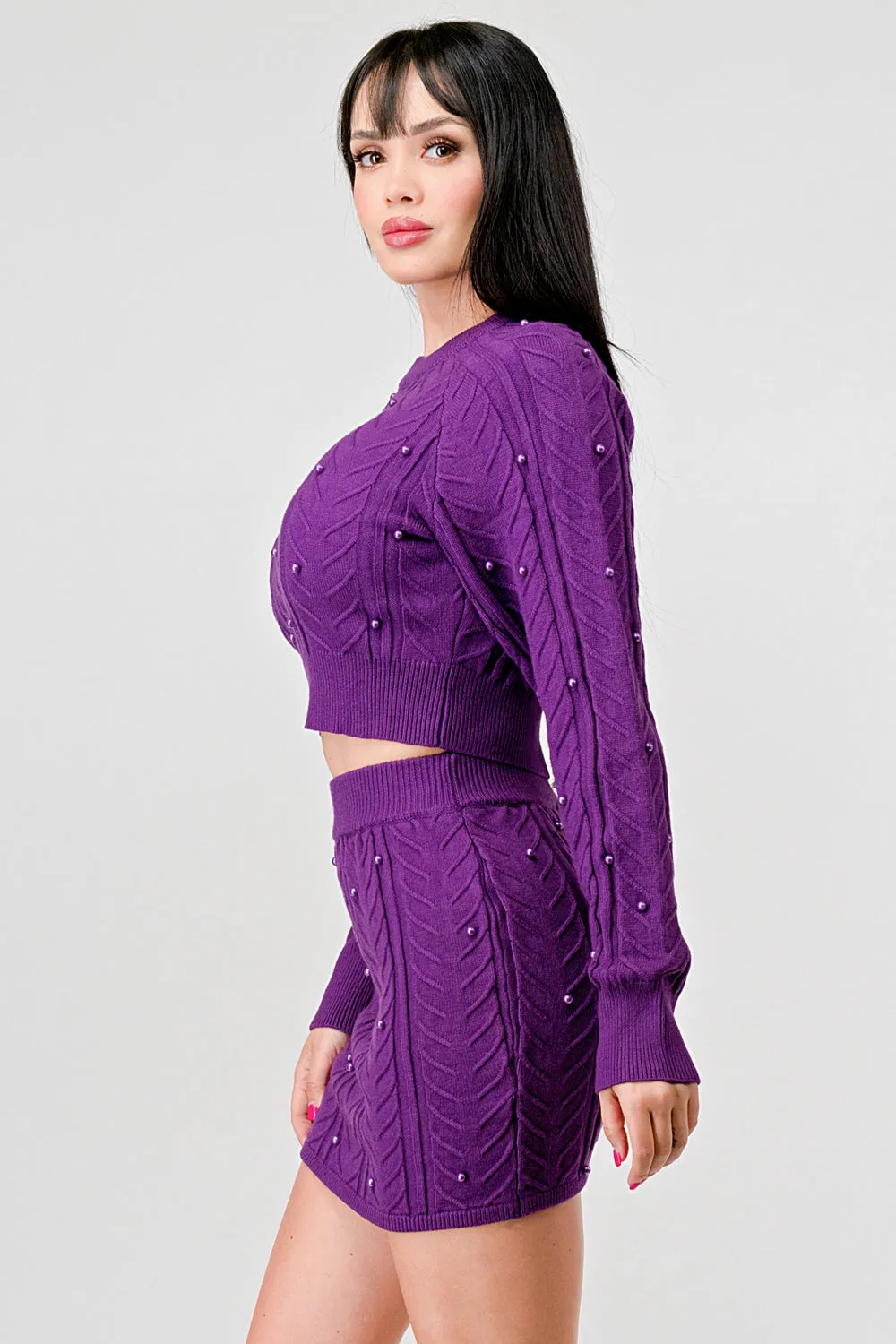 PEARL CABLE KNIT SWEATER CROP TOP & MINI SKIRT SET