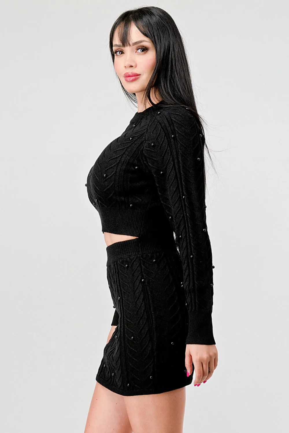 PEARL CABLE KNIT SWEATER CROP TOP & MINI SKIRT SET