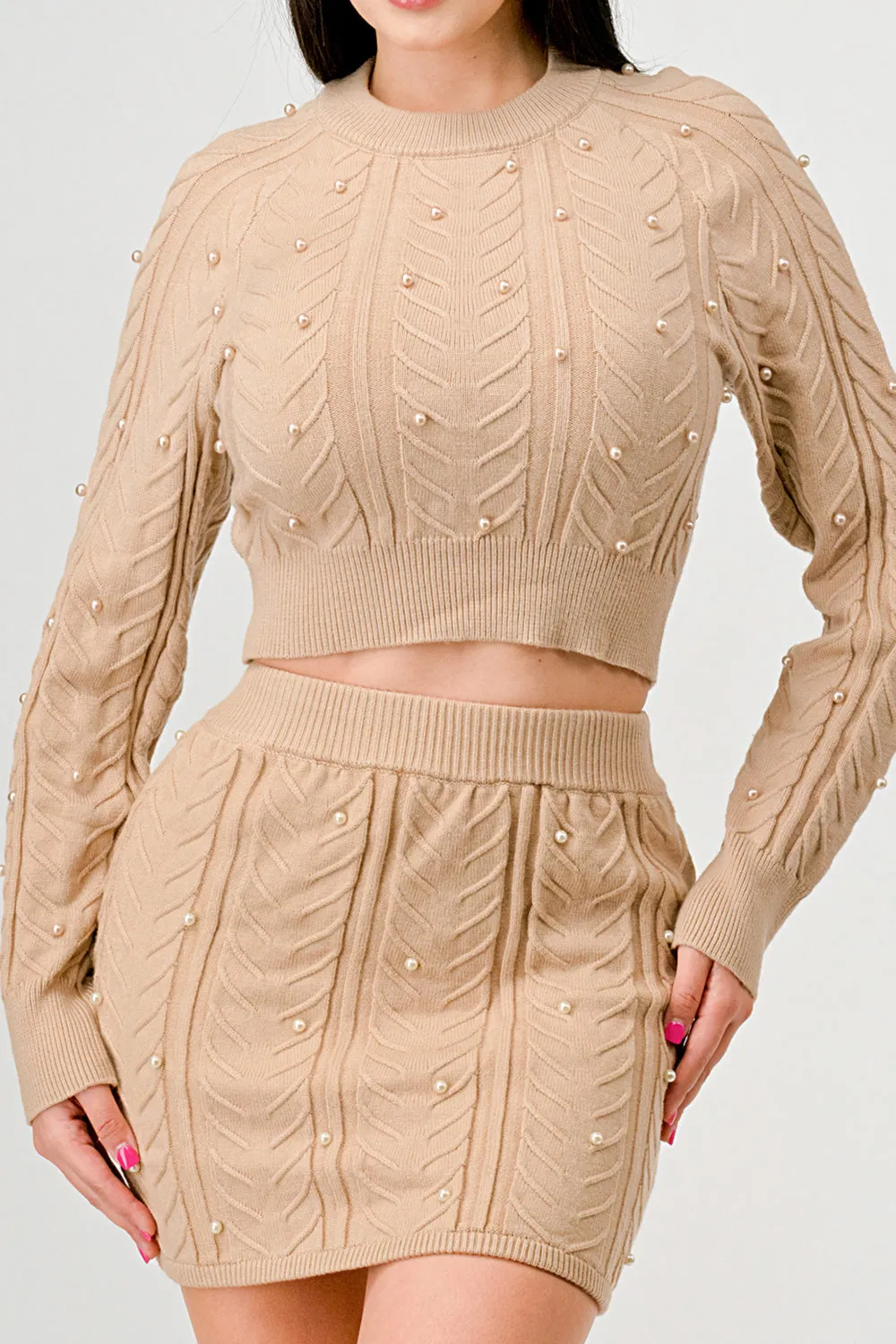 PEARL CABLE KNIT SWEATER CROP TOP & MINI SKIRT SET