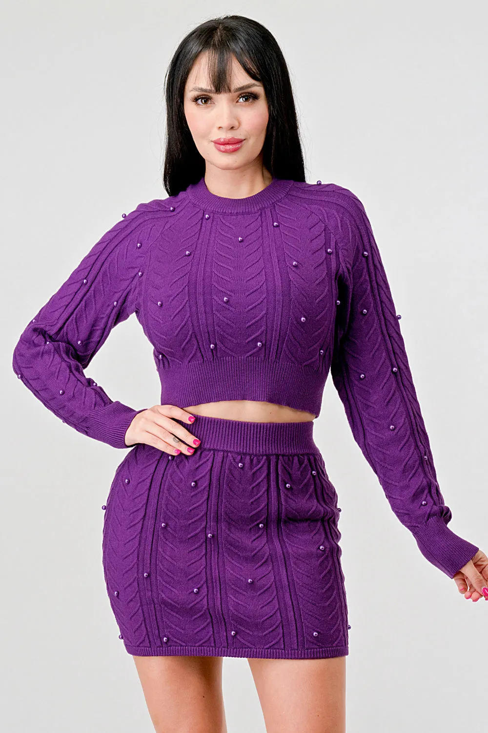 PEARL CABLE KNIT SWEATER CROP TOP & MINI SKIRT SET