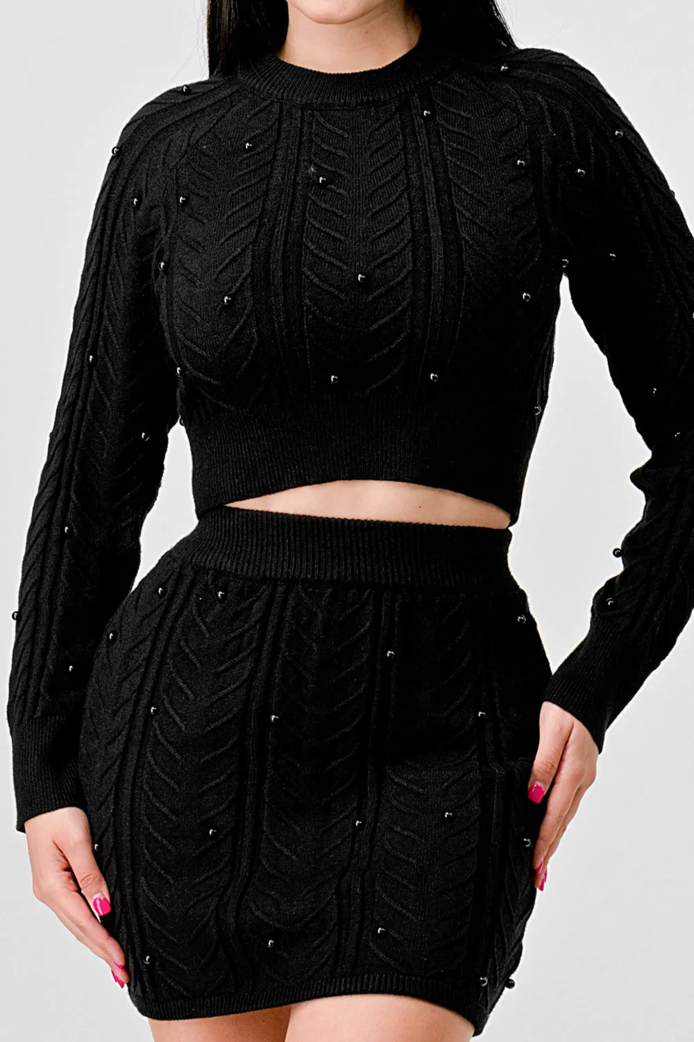 PEARL CABLE KNIT SWEATER CROP TOP & MINI SKIRT SET