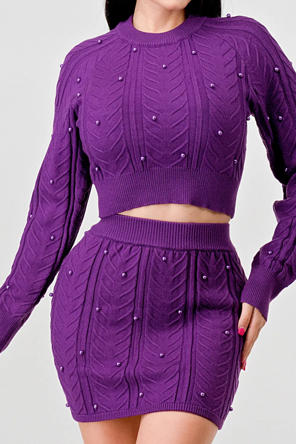 PEARL CABLE KNIT SWEATER CROP TOP & MINI SKIRT SET