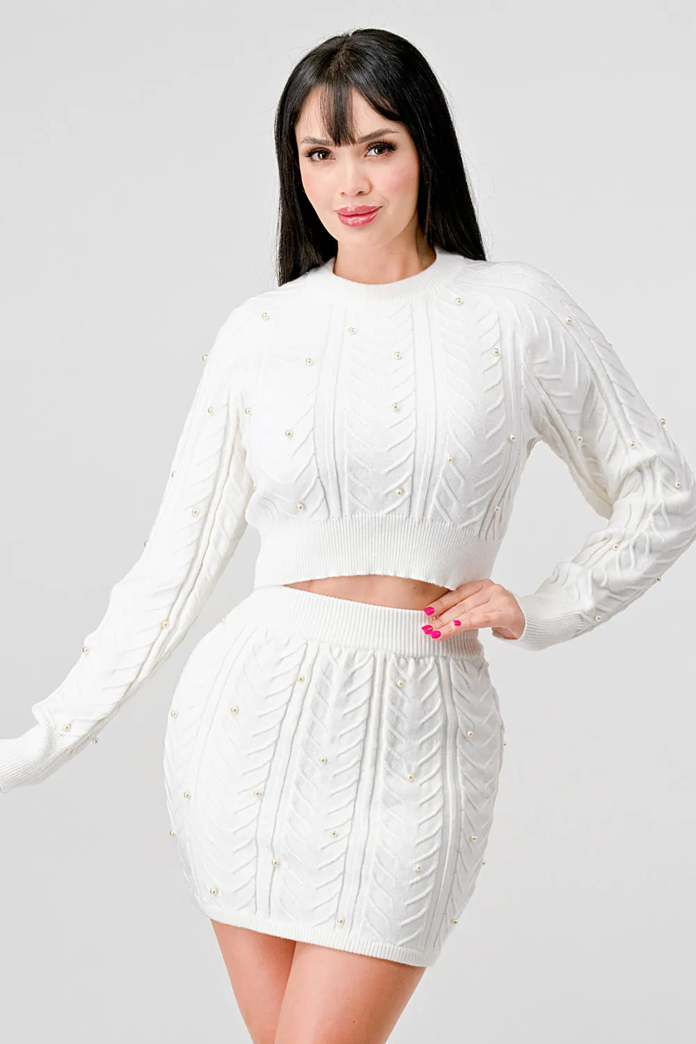 PEARL CABLE KNIT SWEATER CROP TOP & MINI SKIRT SET