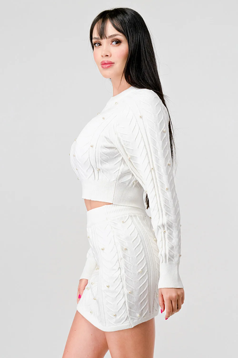 PEARL CABLE KNIT SWEATER CROP TOP & MINI SKIRT SET
