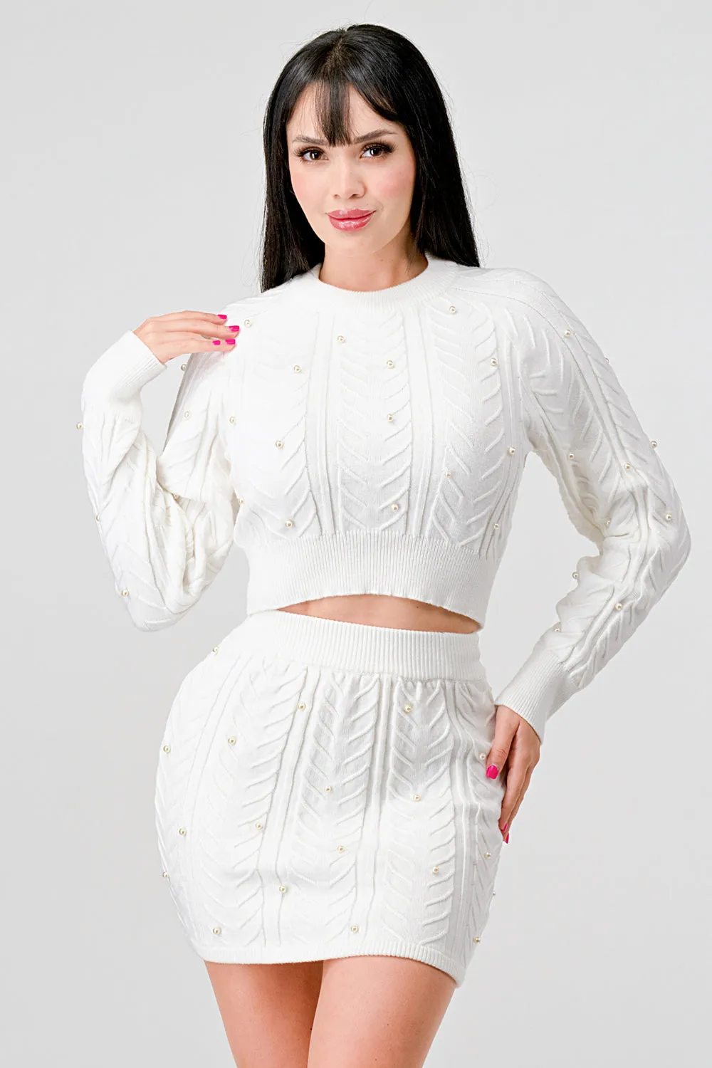 PEARL CABLE KNIT SWEATER CROP TOP & MINI SKIRT SET
