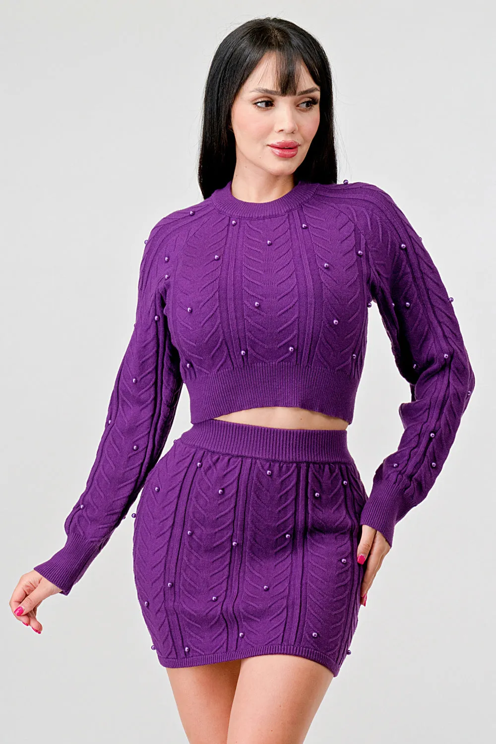 PEARL CABLE KNIT SWEATER CROP TOP & MINI SKIRT SET
