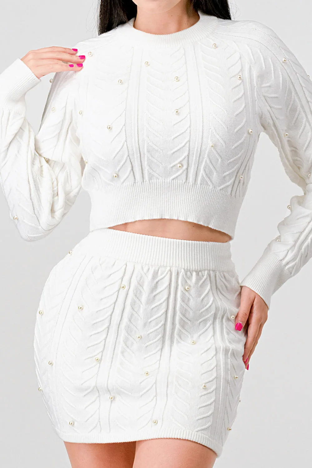 PEARL CABLE KNIT SWEATER CROP TOP & MINI SKIRT SET