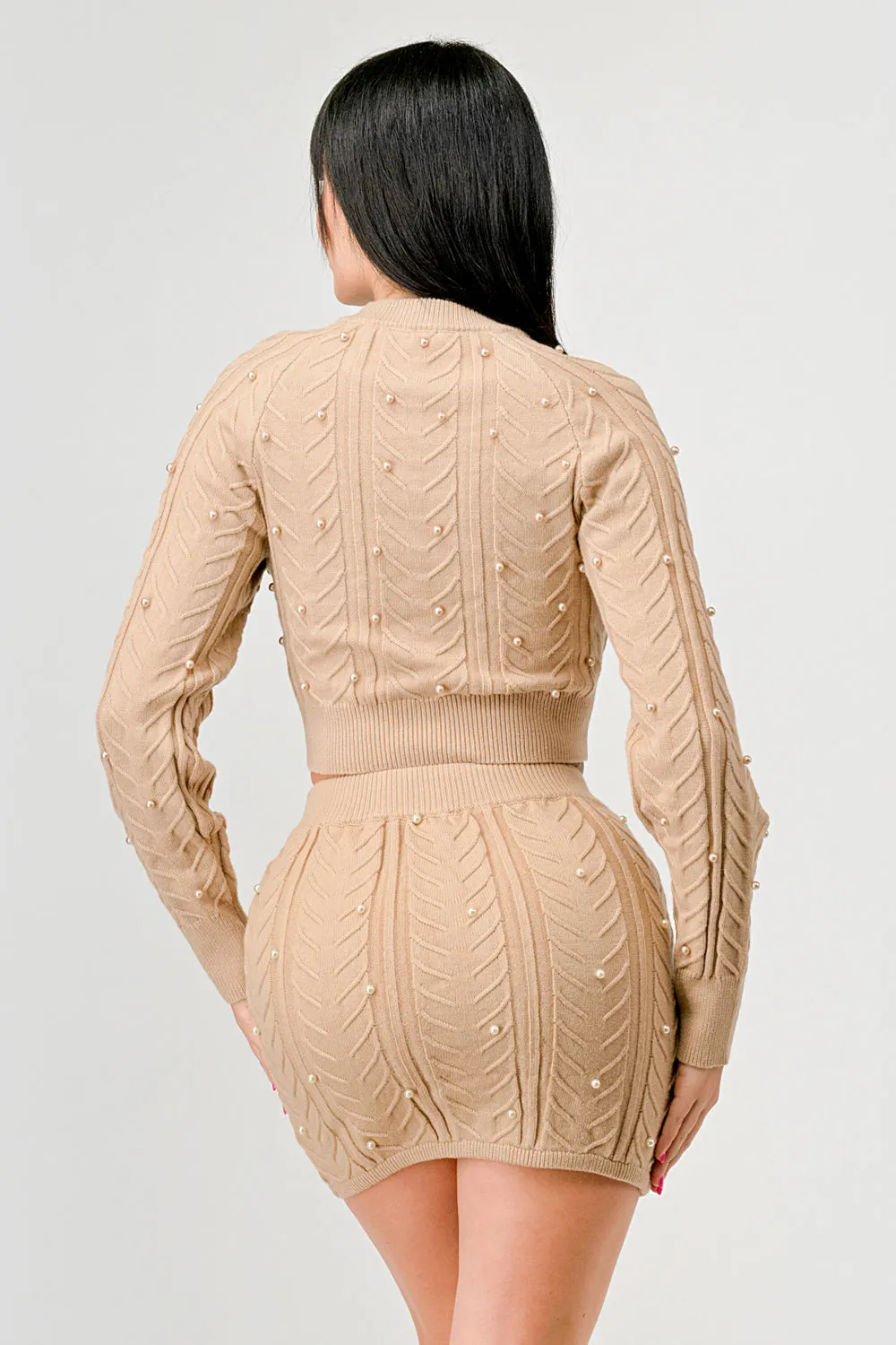 PEARL CABLE KNIT SWEATER CROP TOP & MINI SKIRT SET