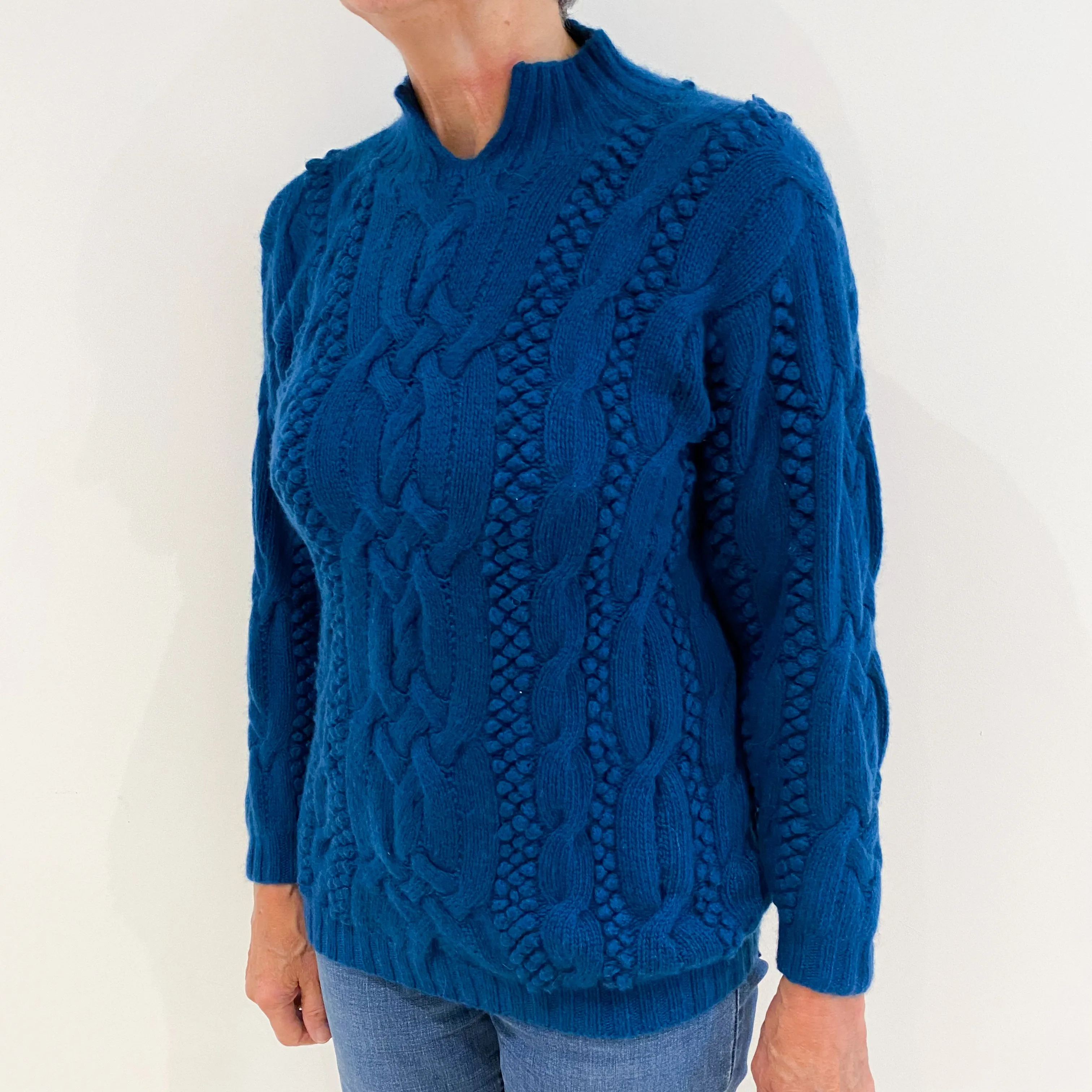 Petrol Blue Cable Knit Cashmere Slit Turtle Neck Jumper Medium