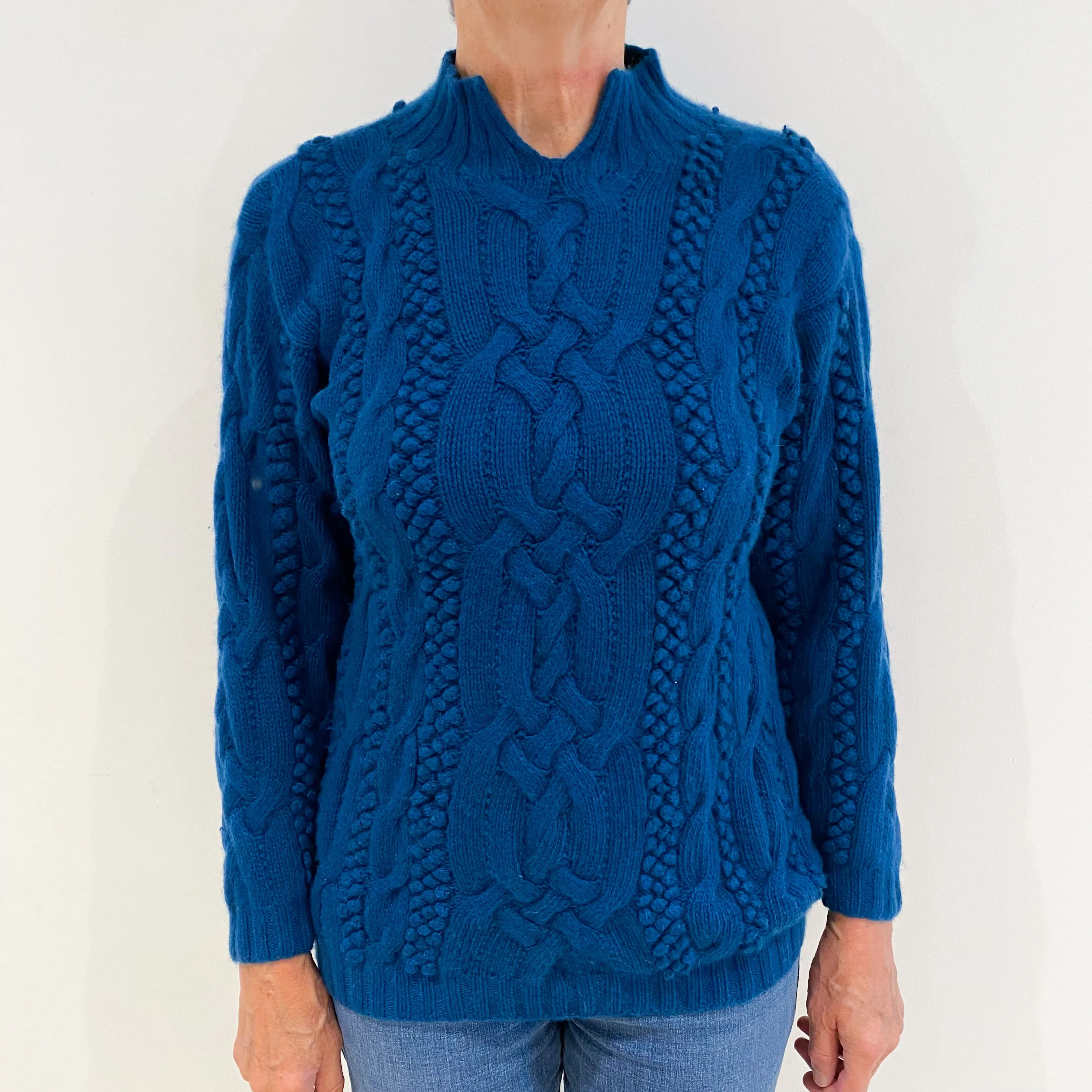 Petrol Blue Cable Knit Cashmere Slit Turtle Neck Jumper Medium