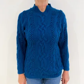 Petrol Blue Cable Knit Cashmere Slit Turtle Neck Jumper Medium