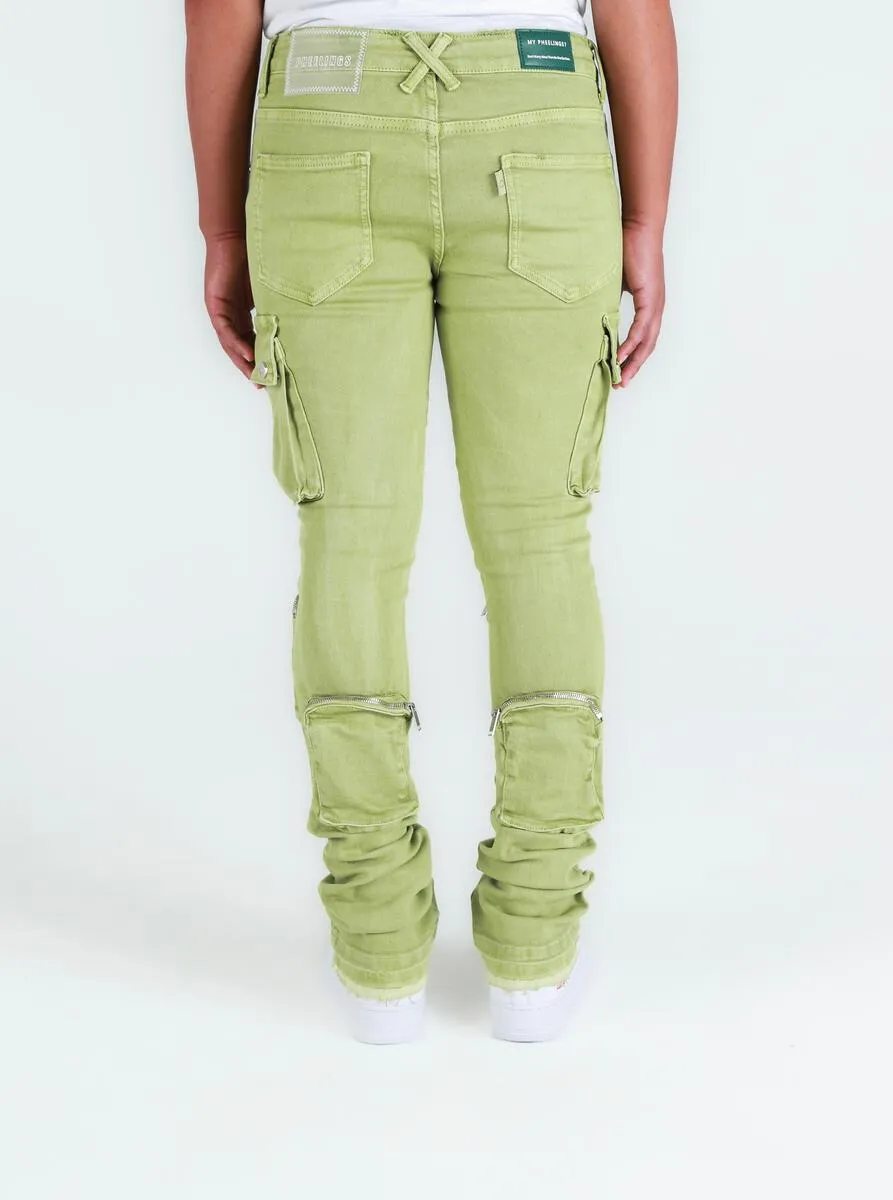 Pheelings NEVER LOOK BACK CARGO FLARE STACK DENIM (GOING GREEN)