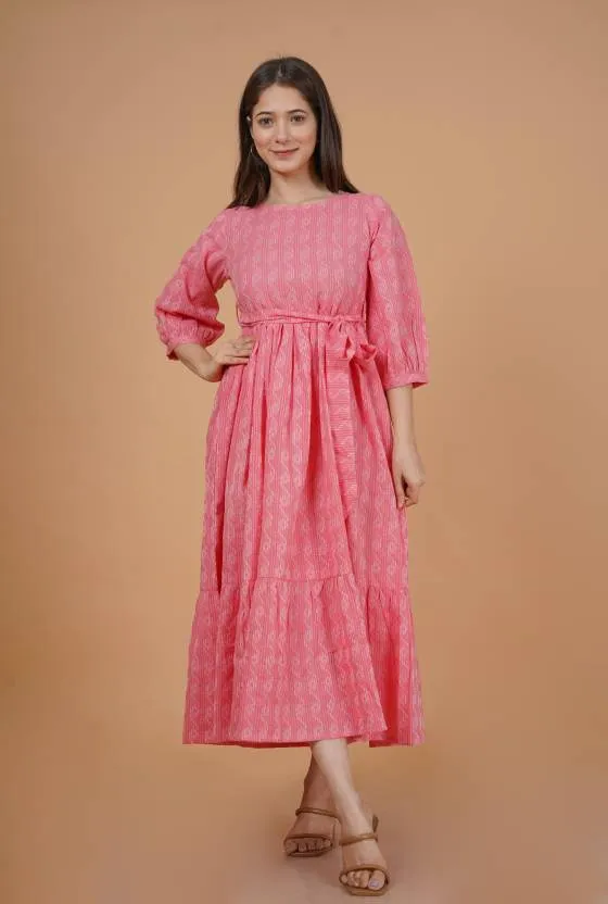Pink Blossom Tiered Midi Dress