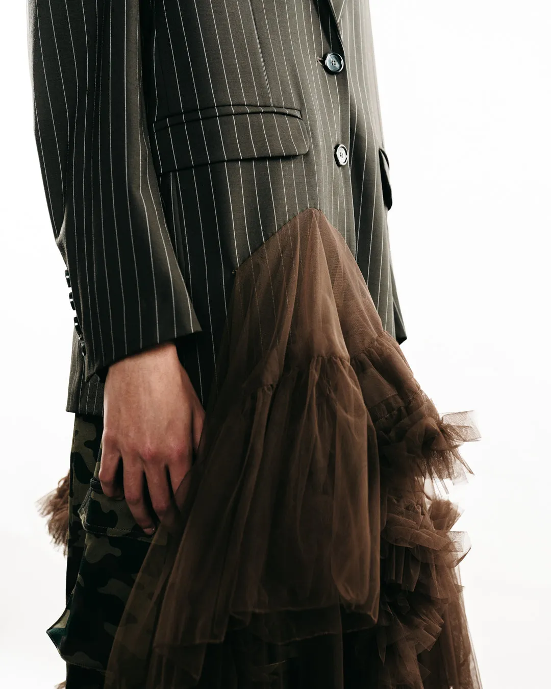 Pinstriped Blazer With Tulle Ruffles