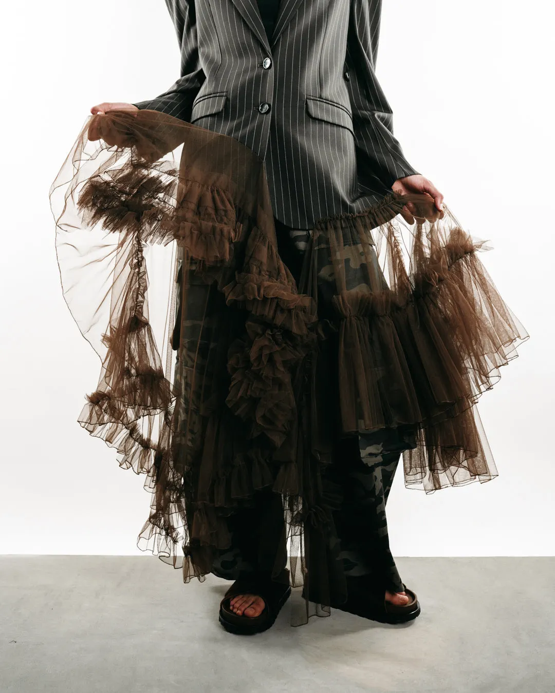 Pinstriped Blazer With Tulle Ruffles