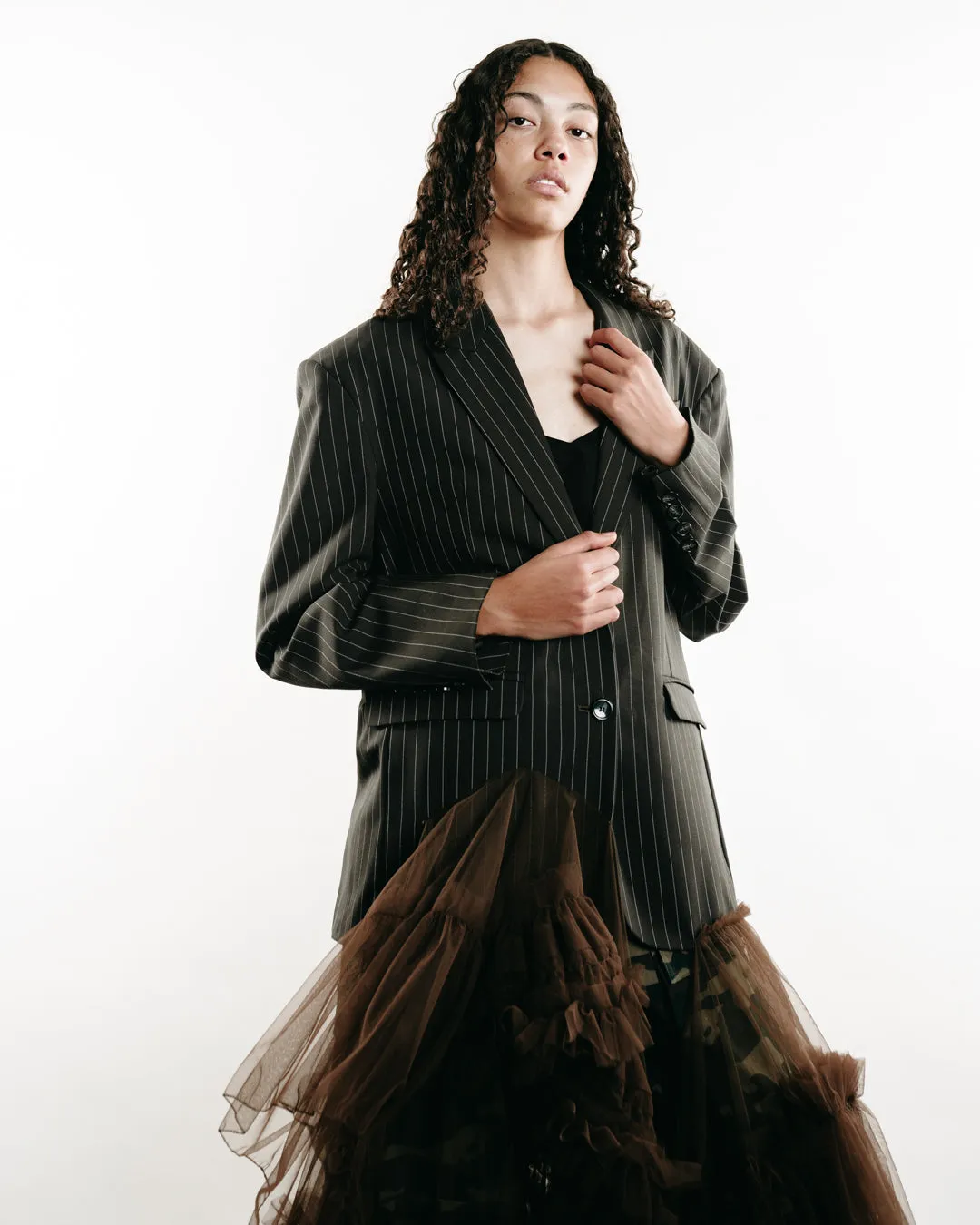 Pinstriped Blazer With Tulle Ruffles