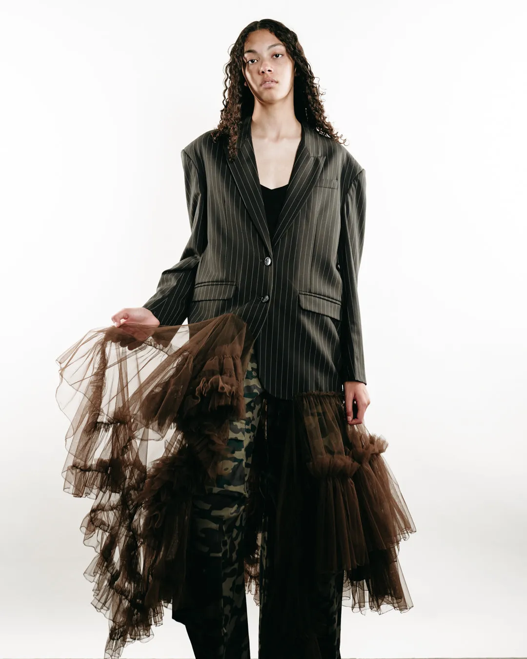 Pinstriped Blazer With Tulle Ruffles